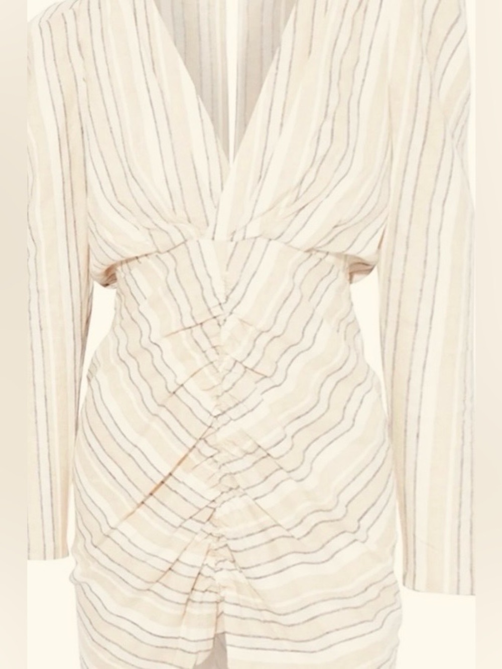 Ruched Nuetral Tone Striped Linen Mini
Dress by Ronny Kobo: Size Small
